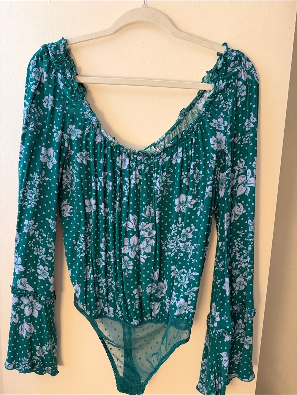 Teal Floral Long-Sleeve Scoop Neck Bodysuit
